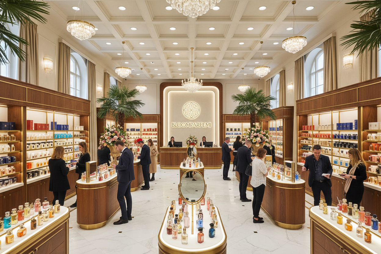 generate an image of a store brand name BLOOMPARFEMI, WITH PLENTY OF PEOPLE INSIDE, VERY BIG, WITH PARFUMES IN IT